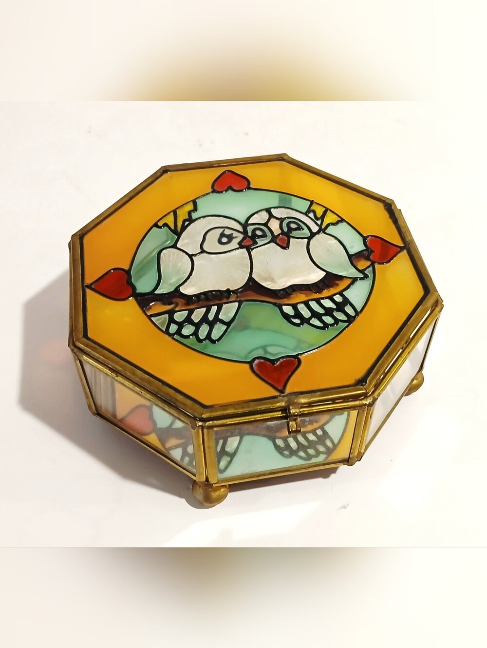 Vintage Yellow Stained Glass Owl Jewelry Box